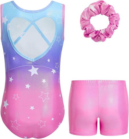 JiAmy 3pcs Girls Gymnastics Leotards with Shorts, Biketard Outfit with Heart Cutout Back,Tumbling Activewear for Ballet 3-12Y in Kuwait