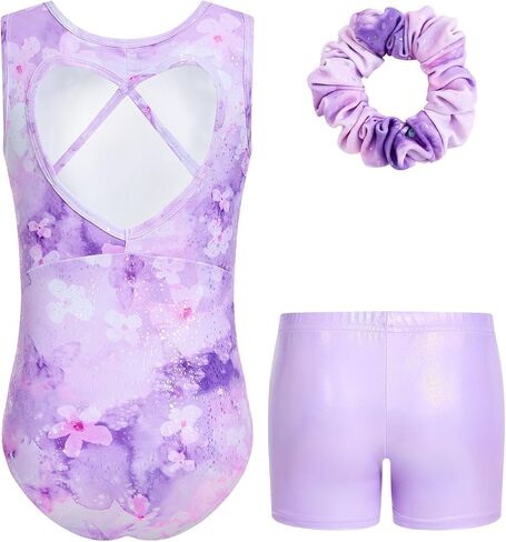 JiAmy 3pcs Girls Gymnastics Leotards with Shorts, Biketard Outfit with Heart Cutout Back,Tumbling Activewear for Ballet 3-12Y in Kuwait