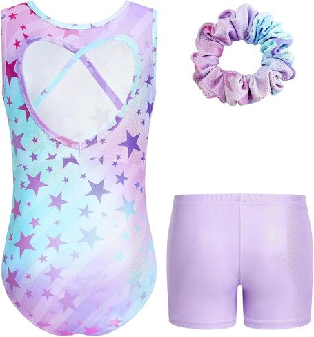 JiAmy 3pcs Girls Gymnastics Leotards with Shorts, Biketard Outfit with Heart Cutout Back,Tumbling Activewear for Ballet 3-12Y in Kuwait