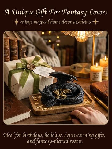 Stylor Black Dragon Statue Decor - Black & Golden Dragon Duo Figurine Bookshelf Decor, Hand-Painted Fantasy Gift for Bookish Book Lovers, Resin Mythical Sculpture Aesthetic Room Decoration in Saudi Arabia