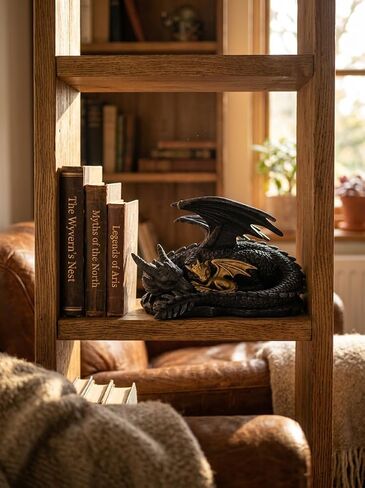 Stylor Black Dragon Statue Decor - Black & Golden Dragon Duo Figurine Bookshelf Decor, Hand-Painted Fantasy Gift for Bookish Book Lovers, Resin Mythical Sculpture Aesthetic Room Decoration in Saudi Arabia