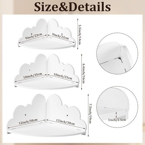 Novabright 3 Pack Cloud Floating Corner Shelves, 9/10/12 Inch Wall Mounted Corner Shelves for Room & Nursery Decor, Cute Cloud Display Shelf for Storage, Plants, Books & Small Decor in Kuwait
