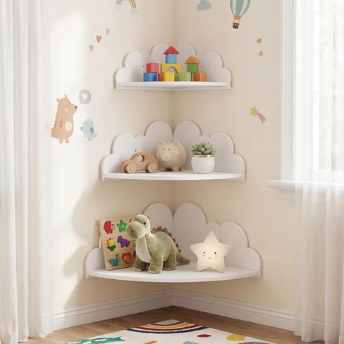 Novabright 3 Pack Cloud Floating Corner Shelves, 9/10/12 Inch Wall Mounted Corner Shelves for Room & Nursery Decor, Cute Cloud Display Shelf for Storage, Plants, Books & Small Decor in Kuwait