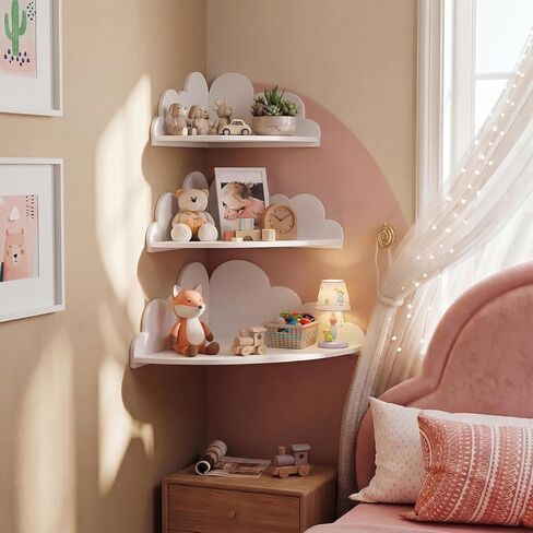 Novabright 3 Pack Cloud Floating Corner Shelves, 9/10/12 Inch Wall Mounted Corner Shelves for Room & Nursery Decor, Cute Cloud Display Shelf for Storage, Plants, Books & Small Decor in Kuwait