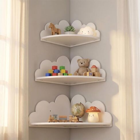 Novabright 3 Pack Cloud Floating Corner Shelves, 9/10/12 Inch Wall Mounted Corner Shelves for Room & Nursery Decor, Cute Cloud Display Shelf for Storage, Plants, Books & Small Decor in Kuwait