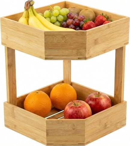 Yerliker 2 Tier Bamboo Corner Shelf Kitchen Fruit Cabinet Organizer Bamboo Corner Fruit Basket for Kitchen Countertop Rack Counter Pantry Storage for Vegetables Spice Plate (11 x 11 x 7.5 Inch) in Kuwait