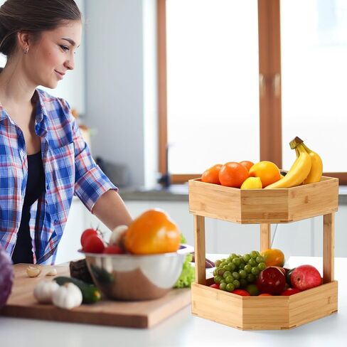Yerliker 2 Tier Bamboo Corner Shelf Kitchen Fruit Cabinet Organizer Bamboo Corner Fruit Basket for Kitchen Countertop Rack Counter Pantry Storage for Vegetables Spice Plate (11 x 11 x 7.5 Inch) in Kuwait