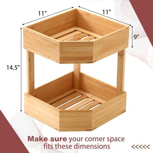 Yerliker 2 Tier Bamboo Corner Shelf Kitchen Fruit Cabinet Organizer Bamboo Corner Fruit Basket for Kitchen Countertop Rack Counter Pantry Storage for Vegetables Spice Plate (11 x 11 x 7.5 Inch) in Kuwait