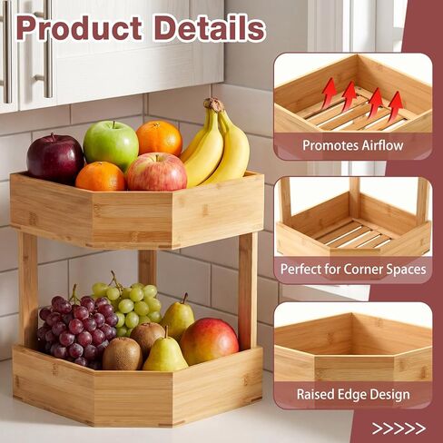 Yerliker 2 Tier Bamboo Corner Shelf Kitchen Fruit Cabinet Organizer Bamboo Corner Fruit Basket for Kitchen Countertop Rack Counter Pantry Storage for Vegetables Spice Plate (11 x 11 x 7.5 Inch) in Kuwait