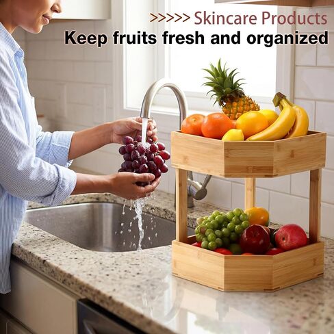 Yerliker 2 Tier Bamboo Corner Shelf Kitchen Fruit Cabinet Organizer Bamboo Corner Fruit Basket for Kitchen Countertop Rack Counter Pantry Storage for Vegetables Spice Plate (11 x 11 x 7.5 Inch) in Kuwait