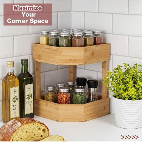 Yerliker 2 Tier Bamboo Corner Shelf Kitchen Fruit Cabinet Organizer Bamboo Corner Fruit Basket for Kitchen Countertop Rack Counter Pantry Storage for Vegetables Spice Plate (11 x 11 x 7.5 Inch) in Kuwait