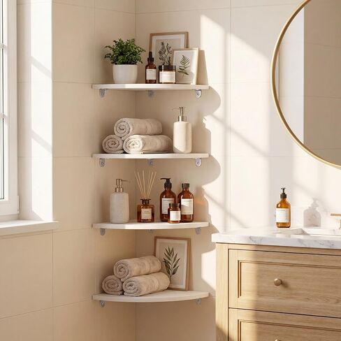 4 Pcs White Corner Floating Shelves for Wall with Cord Hole 10 Inch Rounded Corner Curved Hanging Shelves for Cable Box, Speaker, TV Cords, Books, Plants in Saudi Arabia