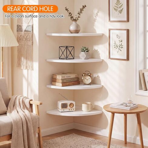 4 Pcs White Corner Floating Shelves for Wall with Cord Hole 10 Inch Rounded Corner Curved Hanging Shelves for Cable Box, Speaker, TV Cords, Books, Plants in Saudi Arabia