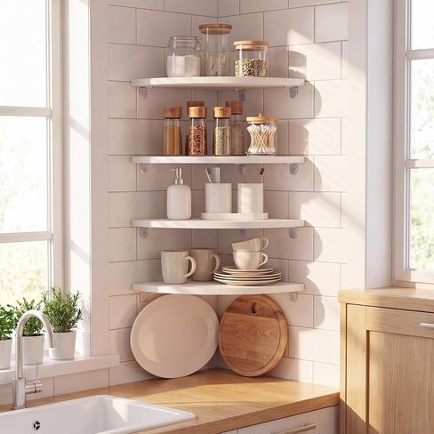 4 Pcs White Corner Floating Shelves for Wall with Cord Hole 10 Inch Rounded Corner Curved Hanging Shelves for Cable Box, Speaker, TV Cords, Books, Plants in Saudi Arabia