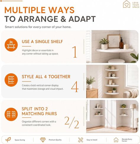 4 Pcs White Corner Floating Shelves for Wall with Cord Hole 10 Inch Rounded Corner Curved Hanging Shelves for Cable Box, Speaker, TV Cords, Books, Plants in Saudi Arabia