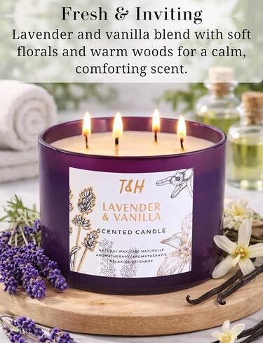 Lavender Vanilla Candle | 4 Wick Extra Large Scented Soy Candles 20 oz | Highly Scented Aromatherapy Lavender Candle for Women | Relaxing Stress Relief Home Scent | Long Lasting Clean Burn in Kuwait