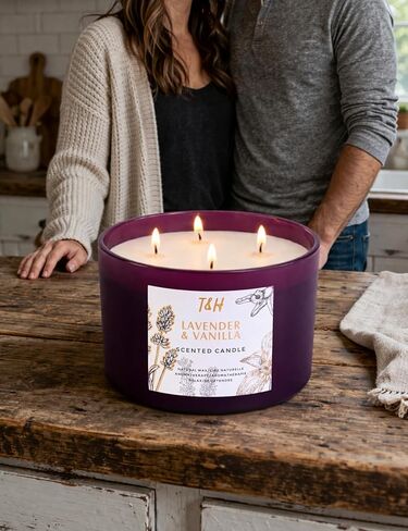 Lavender Vanilla Candle | 4 Wick Extra Large Scented Soy Candles 20 oz | Highly Scented Aromatherapy Lavender Candle for Women | Relaxing Stress Relief Home Scent | Long Lasting Clean Burn in Kuwait