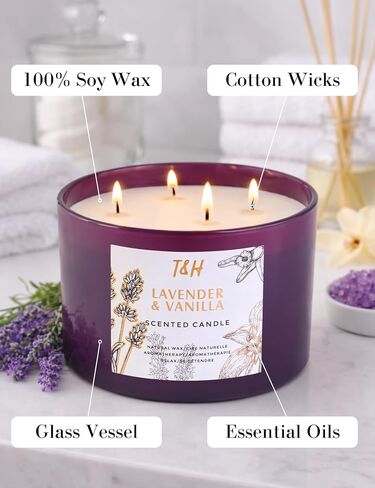Lavender Vanilla Candle | 4 Wick Extra Large Scented Soy Candles 20 oz | Highly Scented Aromatherapy Lavender Candle for Women | Relaxing Stress Relief Home Scent | Long Lasting Clean Burn in Kuwait