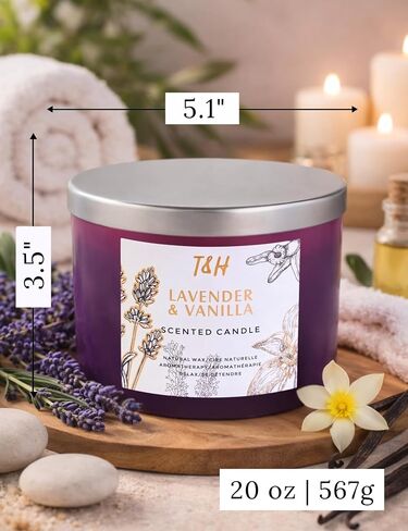 Lavender Vanilla Candle | 4 Wick Extra Large Scented Soy Candles 20 oz | Highly Scented Aromatherapy Lavender Candle for Women | Relaxing Stress Relief Home Scent | Long Lasting Clean Burn in Kuwait