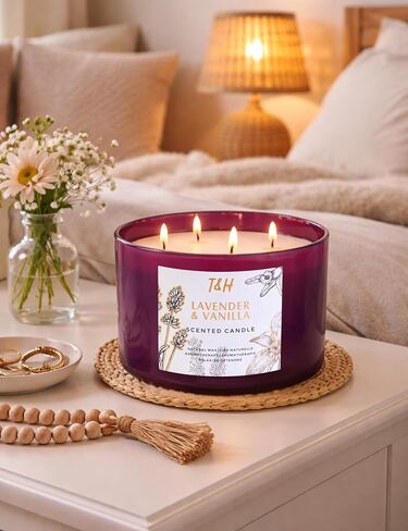 Lavender Vanilla Candle | 4 Wick Extra Large Scented Soy Candles 20 oz | Highly Scented Aromatherapy Lavender Candle for Women | Relaxing Stress Relief Home Scent | Long Lasting Clean Burn in Kuwait