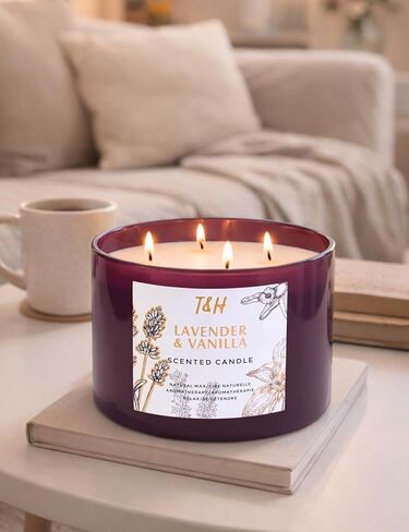 Lavender Vanilla Candle | 4 Wick Extra Large Scented Soy Candles 20 oz | Highly Scented Aromatherapy Lavender Candle for Women | Relaxing Stress Relief Home Scent | Long Lasting Clean Burn in Kuwait