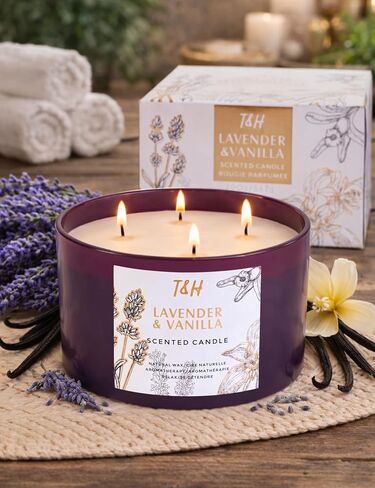 Lavender Vanilla Candle | 4 Wick Extra Large Scented Soy Candles 20 oz | Highly Scented Aromatherapy Lavender Candle for Women | Relaxing Stress Relief Home Scent | Long Lasting Clean Burn in Kuwait