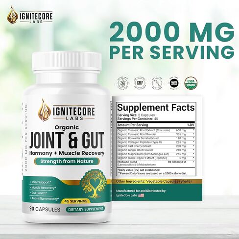Organic Joint & Gut Supplement – Turmeric Curcumin, Boswellia, Type II Collagen, Probiotics, Tart Cherry, Ginger & Moringa – Joint Comfort, Mobility & Gut Health – USDA Organic, 2000mg, 90 Capsules in Saudi Arabia