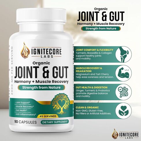 Organic Joint & Gut Supplement – Turmeric Curcumin, Boswellia, Type II Collagen, Probiotics, Tart Cherry, Ginger & Moringa – Joint Comfort, Mobility & Gut Health – USDA Organic, 2000mg, 90 Capsules in Saudi Arabia