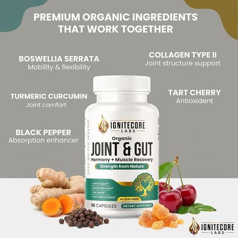 Organic Joint & Gut Supplement – Turmeric Curcumin, Boswellia, Type II Collagen, Probiotics, Tart Cherry, Ginger & Moringa – Joint Comfort, Mobility & Gut Health – USDA Organic, 2000mg, 90 Capsules in Saudi Arabia