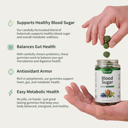 Snap Supplements Blood Sugar Gummies, Support Already Healthy Blood Sugar Levels, Cinnamon Bark and Blueberry Fruit Extract, Green Apple Flavor, 60 Gummies in Saudi Arabia