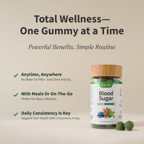 Snap Supplements Blood Sugar Gummies, Support Already Healthy Blood Sugar Levels, Cinnamon Bark and Blueberry Fruit Extract, Green Apple Flavor, 60 Gummies in Saudi Arabia