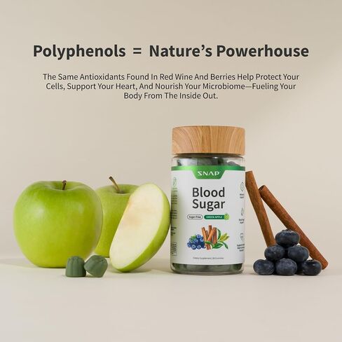 Snap Supplements Blood Sugar Gummies, Support Already Healthy Blood Sugar Levels, Cinnamon Bark and Blueberry Fruit Extract, Green Apple Flavor, 60 Gummies in Saudi Arabia