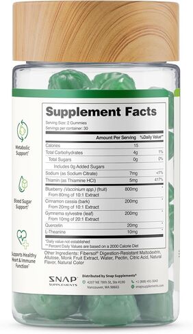 Snap Supplements Blood Sugar Gummies, Support Already Healthy Blood Sugar Levels, Cinnamon Bark and Blueberry Fruit Extract, Green Apple Flavor, 60 Gummies in Saudi Arabia