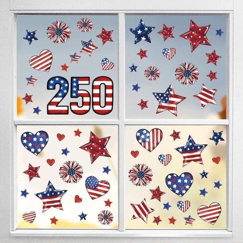 4th of July Window Clings Decorations, 106 Pcs USA 250th Anniversary Window Clings Patriotic American Flag Stickers for Glass Windows Memorial Day Decorations in Saudi Arabia