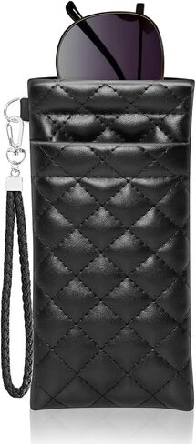 Double Eyeglass Case Squeeze Top Glasses Pouch, Leather Soft Sunglasses Case with Carrying Strap in Saudi Arabia