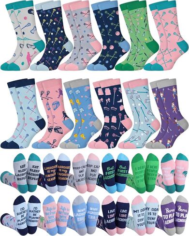 12 Pairs Funny Lacrosse Socks for Women Teens Girls Boys Novelty Cotton Athletic Crew Socks Sports Senior Night Gifts Accessories for Lacrosse Lover Team Player Coach in Kuwait