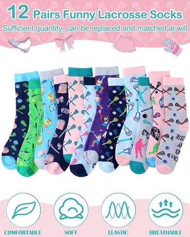 12 Pairs Funny Lacrosse Socks for Women Teens Girls Boys Novelty Cotton Athletic Crew Socks Sports Senior Night Gifts Accessories for Lacrosse Lover Team Player Coach in Kuwait