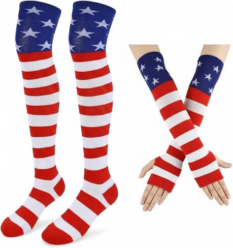 Team USA Accessories Women, Patriotic Fans Over Knee Socks Set, Red White and Blue American Flag Soccer Fans Olympic Apparel, Supporter Accessories for Game Day Outfits in Saudi Arabia