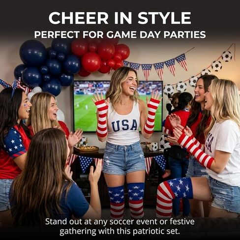 Team USA Accessories Women, Patriotic Fans Over Knee Socks Set, Red White and Blue American Flag Soccer Fans Olympic Apparel, Supporter Accessories for Game Day Outfits in Saudi Arabia