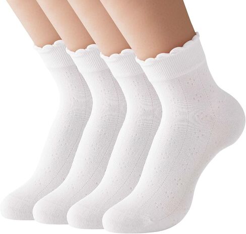 4 Pairs Ruffle Socks, Soft Cotton Women Ankle Socks, Size 5-11 in Kuwait