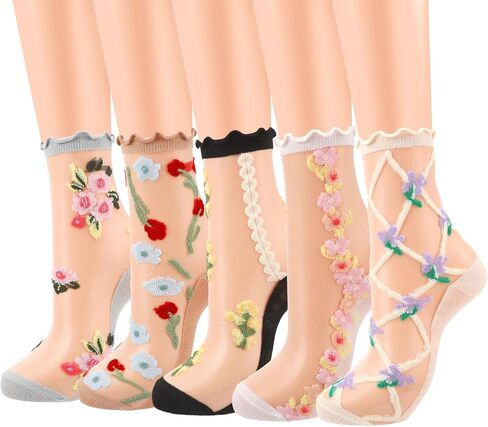 5 Pairs Women's Sheer Flower Mesh Socks with Ruffle, Cuff Cute Transparent Thin See Through Floral Socks Lace Ankle Socks for Summer in Kuwait