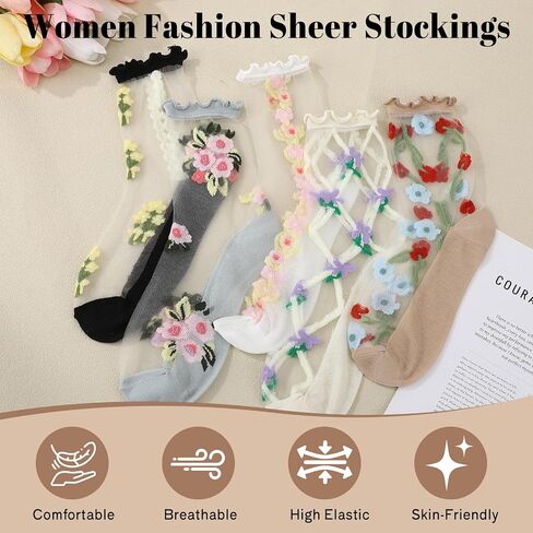 5 Pairs Women's Sheer Flower Mesh Socks with Ruffle, Cuff Cute Transparent Thin See Through Floral Socks Lace Ankle Socks for Summer in Kuwait