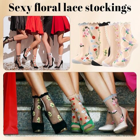 5 Pairs Women's Sheer Flower Mesh Socks with Ruffle, Cuff Cute Transparent Thin See Through Floral Socks Lace Ankle Socks for Summer in Kuwait