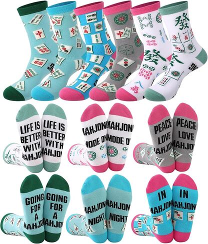 6 Pairs Funny Mahjong Socks for Women Cotton Cute Crew Socks Mah Jong Patterns Gifts for Mahjong Lovers in Kuwait