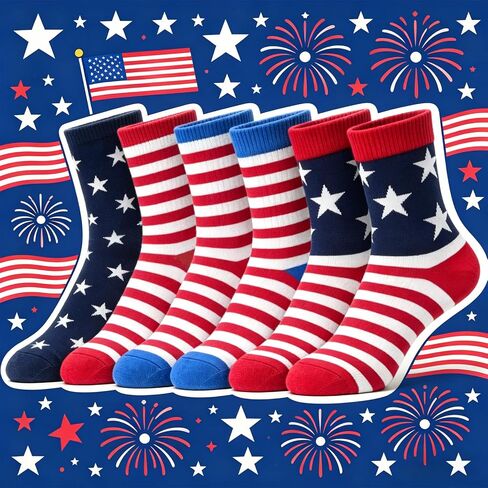Patriotic 4th of July Sock Men Women-3 Pairs Cotton Blend Mid Calf Sock Multiple Colors Randomly Matched in Kuwait