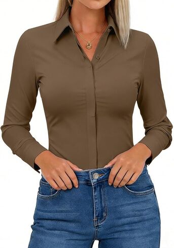 Aoudery Button Down Shirts for Women Slim Fit Long Sleeve Stretch Dress Shirts Work Shirt Wrinkle Free in Kuwait