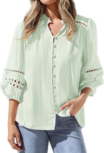 BTFBM Summer Tops for Women 2026 Eyelet Top 3/4 Length Sleeve Dressy Casual Blouses Spring Boho Button Down Shirts in Kuwait