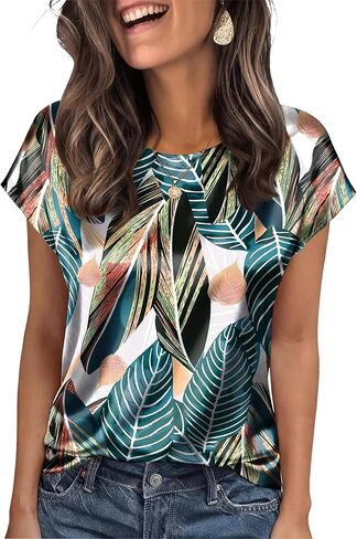 OFEEFAN Women Silk Satin Tops Summer Cap Short Sleeve Blouse Crew Neck Shirts Business Casual Fashion Outfits in Kuwait