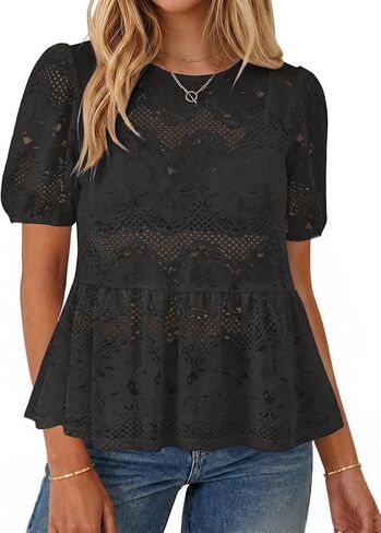 Simplee Womens Summer Lace Tops Boho Hollow Out Crochet Cute Ruffle Peplum Top Western Babydoll Blouses Shirts Beach Vacation in Kuwait