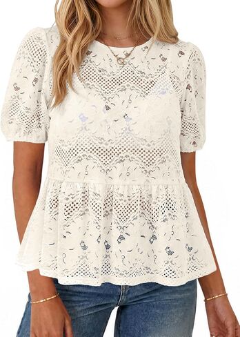 Simplee Womens Summer Lace Tops Boho Hollow Out Crochet Cute Ruffle Peplum Top Western Babydoll Blouses Shirts Beach Vacation in Kuwait